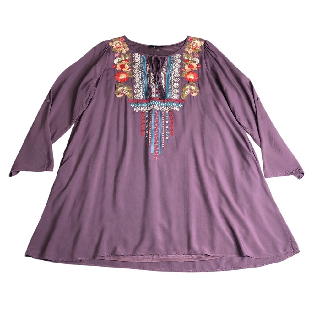 Andree By Unit Dress Womens Large Purple Embroidered Boho Tunic Tassel Pockets